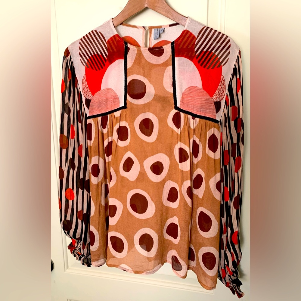 Anthropologie Graphic Boxy Tan and Red Blouse